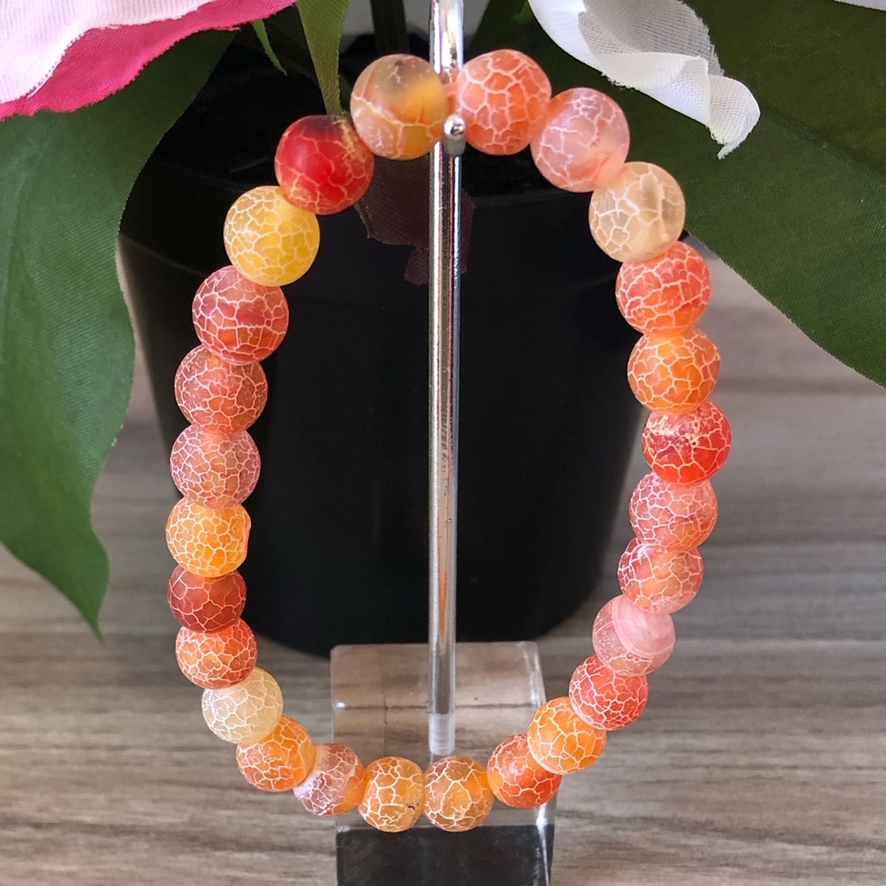 Orange Weathered Stone Beads Stretchable Bracelet 7" - 8mm Beads Best Gift